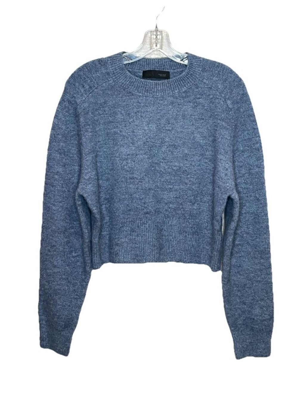 Zara Womens Small Blue Wool Blend Cropped Crewneck Sweater Long Sleeve